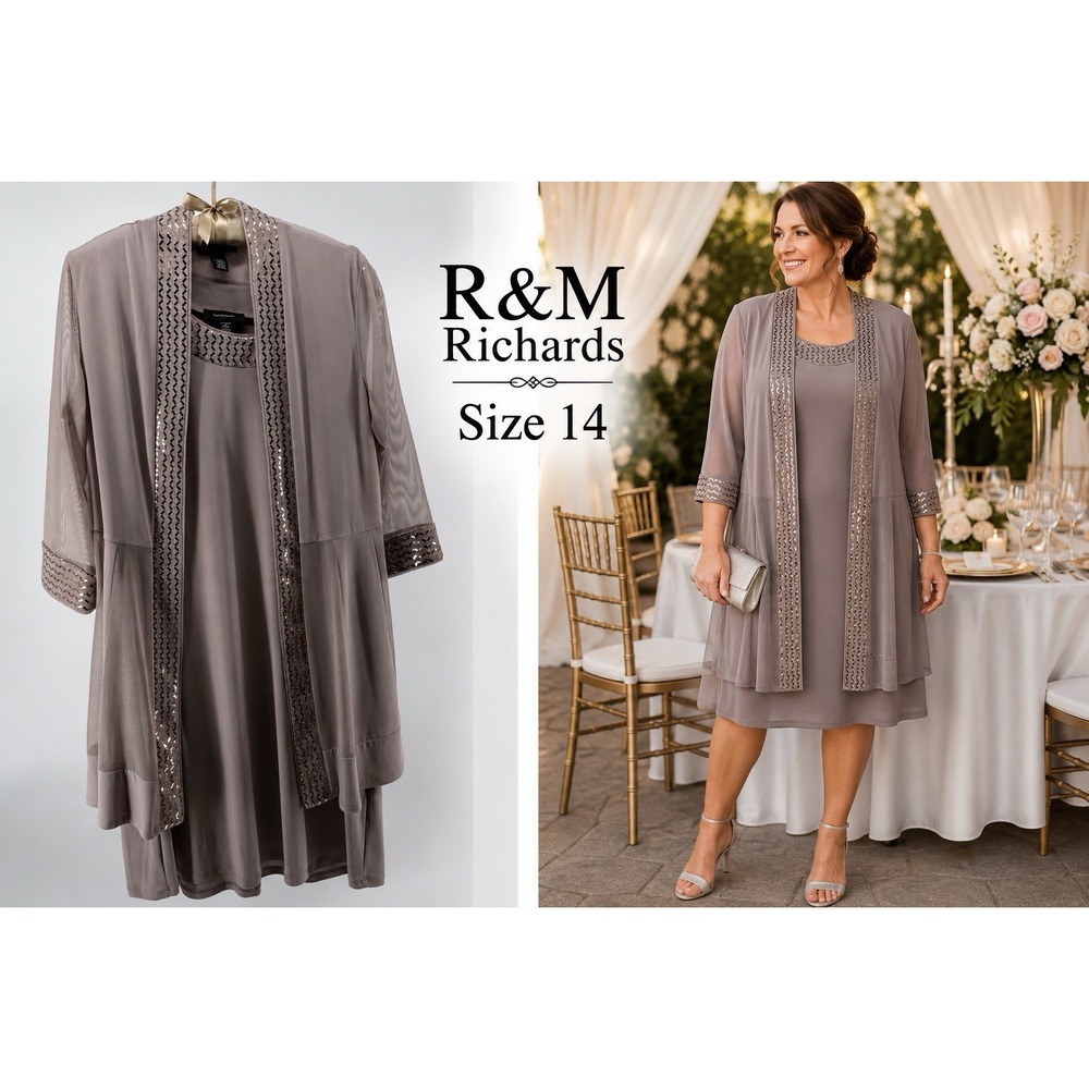 R&M Richards 2Pc Dress Jacket Set Taupe Sequin Elegant Formal Wedding MofB  14